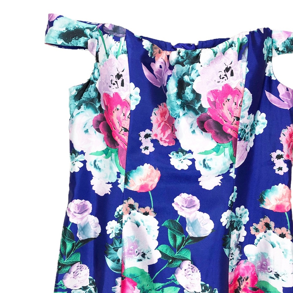 Off The Shoulder Floral Print Satin Square Neck Corset Back Hourglass Prom Dress - Picture 7 of 14